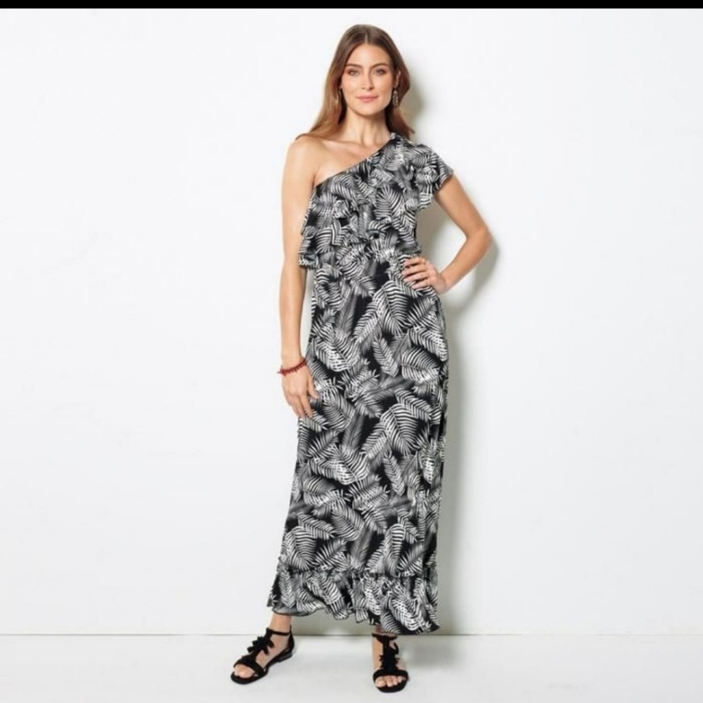 VEUC Sz L Black/White maxi one-shoulder flutter neck & hem very flattering style